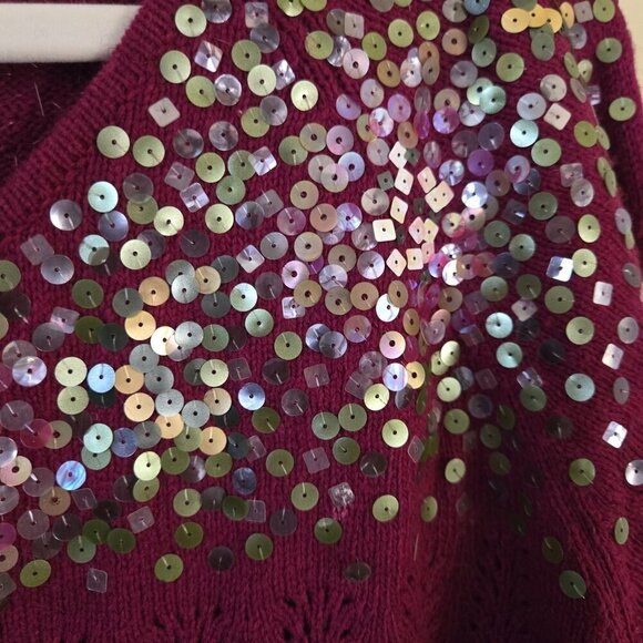 Susan Bristol Vintage Burgundy Open Knit Sequined Cardigan Sweater Size L - Picture 3 of 6